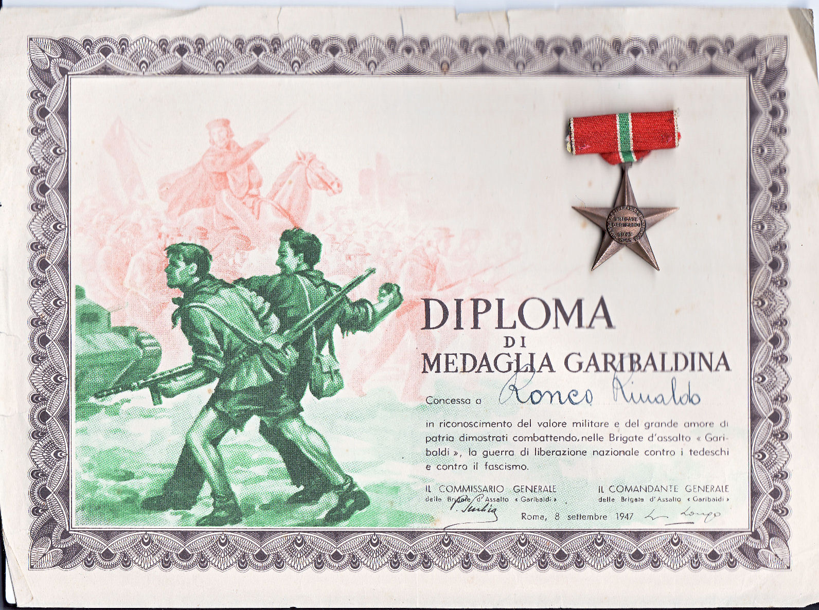 diploma di medaglia garibaldina conferita a Rinaldo Ronco